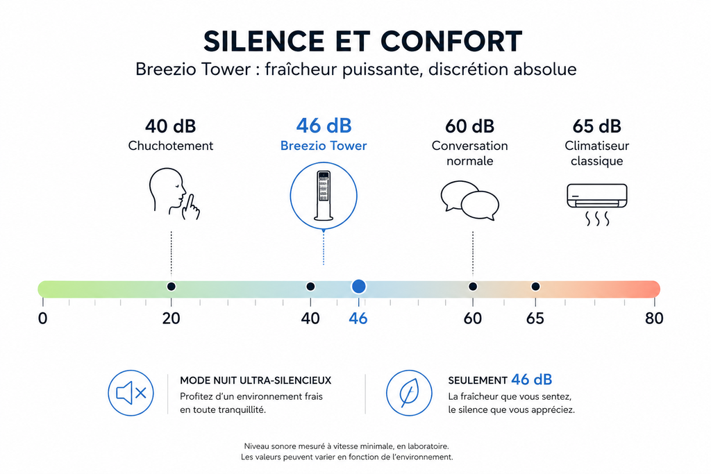 Tour Climatiseur Breezio Tower - 3-en-1, 100cm, Réservoir 9L, 46dB Silencieux, Minuterie 24h, Oscillation 48°, Couvre 20m²