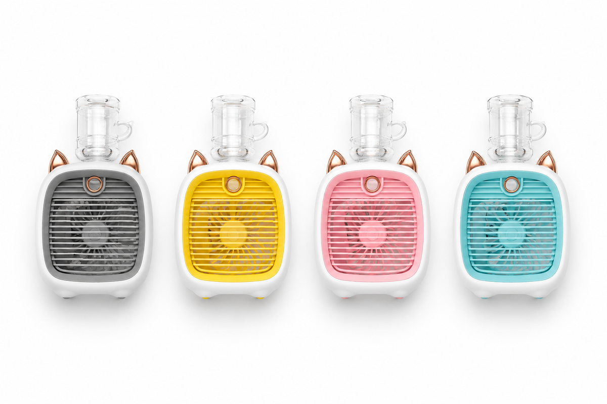 Mini Climatiseur Portable USB Breezio - Ventilateur Brumisateur 3 Vitesses, Batterie 1200mAh, Design Chat