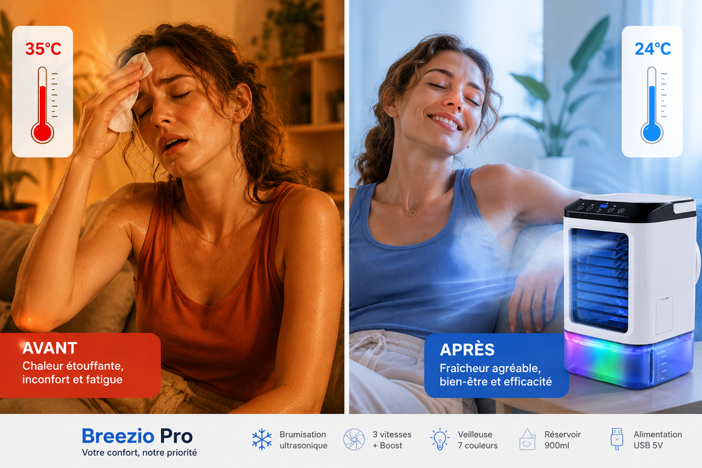 Climatiseur Portable Breezio Pro - Réservoir 900ml, Double Atomiseur, Veilleuse 7 Couleurs, 3 Vitesses