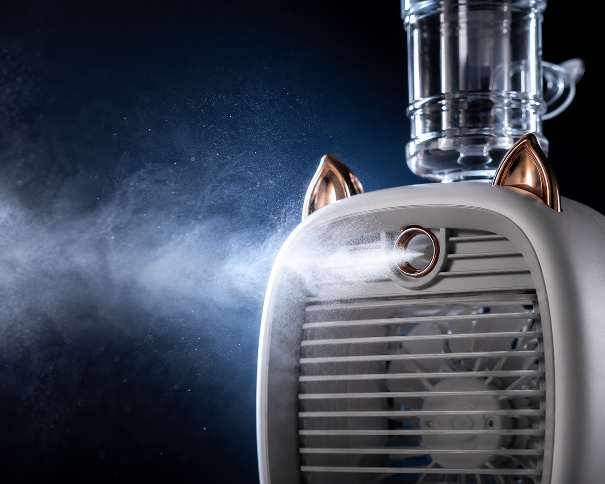 Mini Climatiseur Portable USB Breezio - Ventilateur Brumisateur 3 Vitesses, Batterie 1200mAh, Design Chat