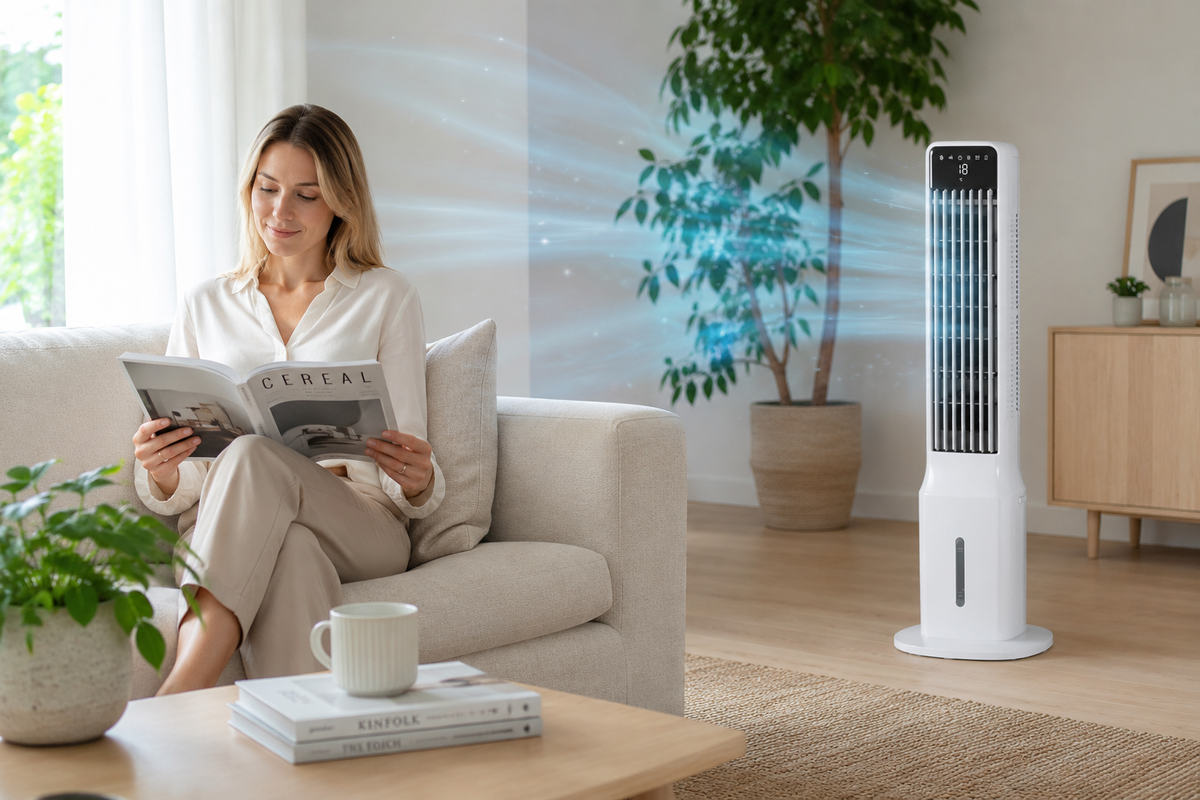 Tour Climatiseur Breezio Tower - 3-en-1, 100cm, Réservoir 9L, 46dB Silencieux, Minuterie 24h, Oscillation 48°, Couvre 20m²