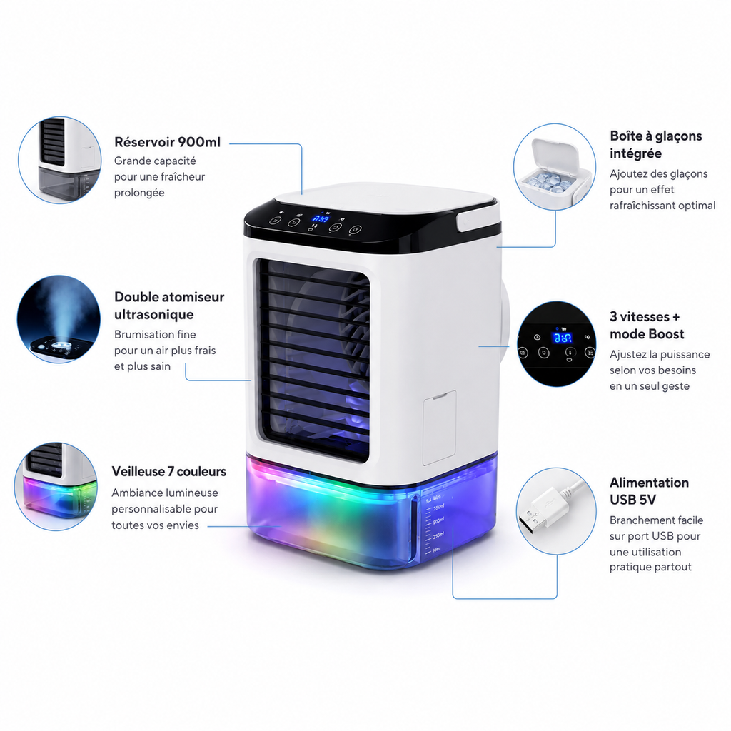 Climatiseur Portable Breezio Pro - Réservoir 900ml, Double Atomiseur, Veilleuse 7 Couleurs, 3 Vitesses