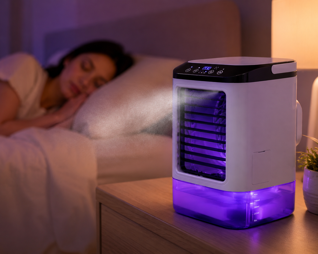 Climatiseur Portable Breezio Pro - Réservoir 900ml, Double Atomiseur, Veilleuse 7 Couleurs, 3 Vitesses
