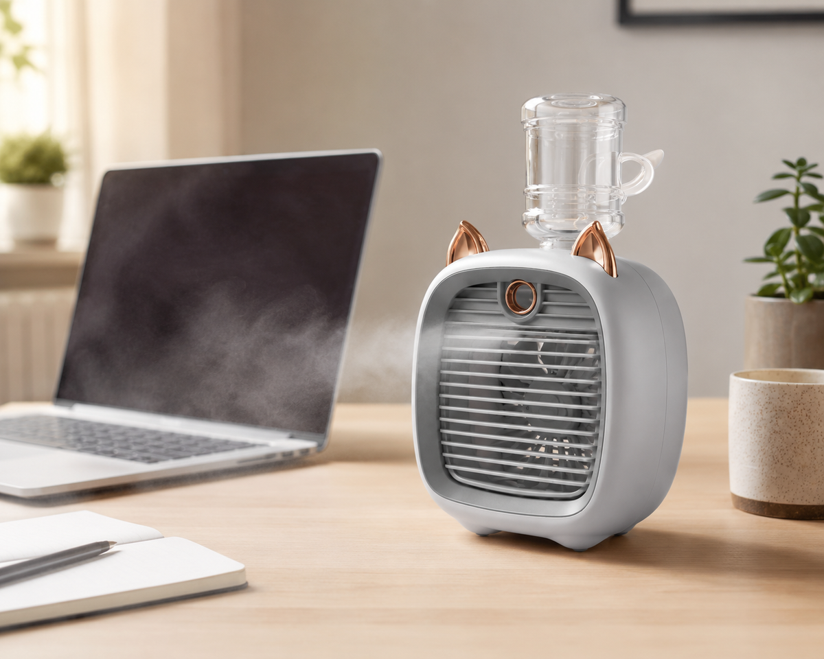 Mini Climatiseur Portable USB Breezio - Ventilateur Brumisateur 3 Vitesses, Batterie 1200mAh, Design Chat