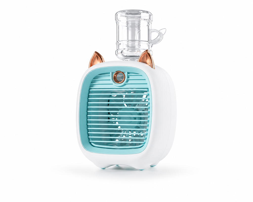 Mini Climatiseur Portable USB Breezio - Ventilateur Brumisateur 3 Vitesses, Batterie 1200mAh, Design Chat