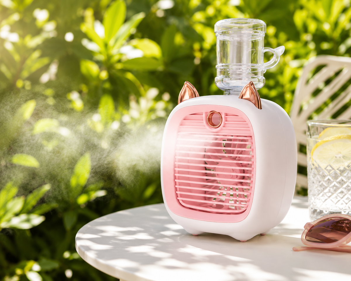 Mini Climatiseur Portable USB Breezio - Ventilateur Brumisateur 3 Vitesses, Batterie 1200mAh, Design Chat
