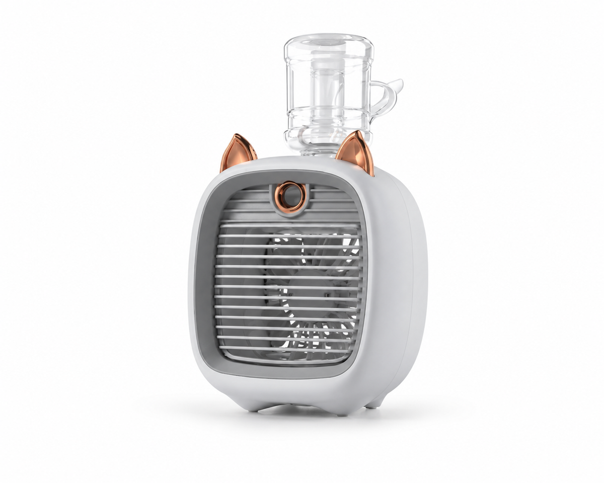 Mini Climatiseur Portable USB Breezio - Ventilateur Brumisateur 3 Vitesses, Batterie 1200mAh, Design Chat