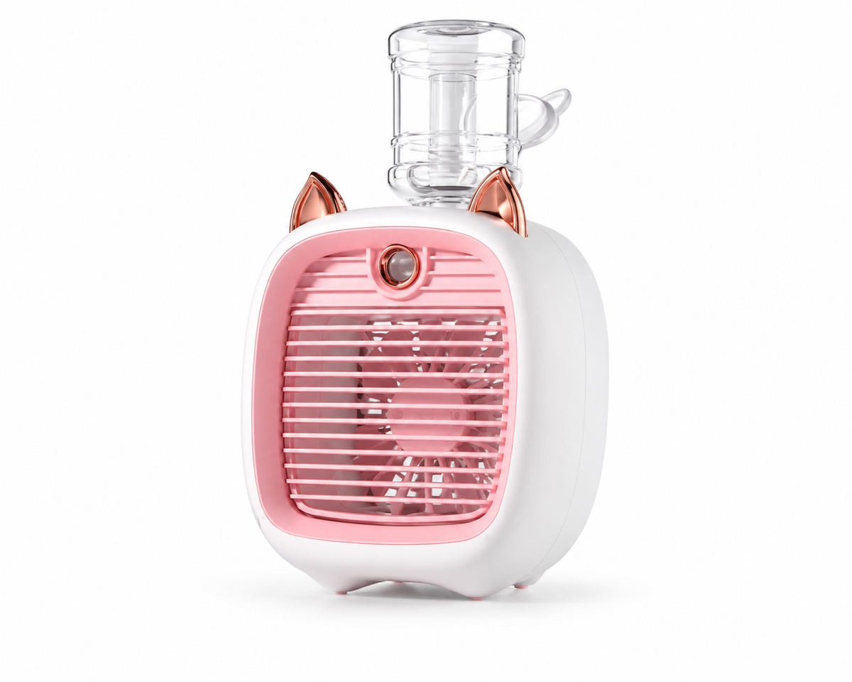Mini Climatiseur Portable USB Breezio - Ventilateur Brumisateur 3 Vitesses, Batterie 1200mAh, Design Chat