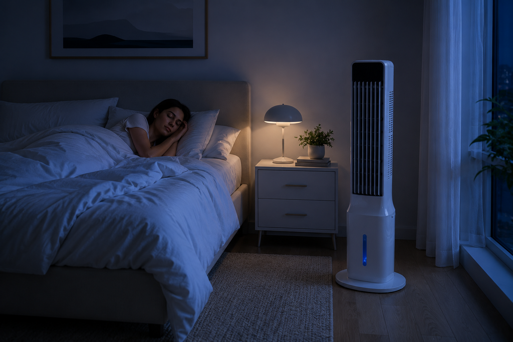 Tour Climatiseur Breezio Tower - 3-en-1, 100cm, Réservoir 9L, 46dB Silencieux, Minuterie 24h, Oscillation 48°, Couvre 20m²